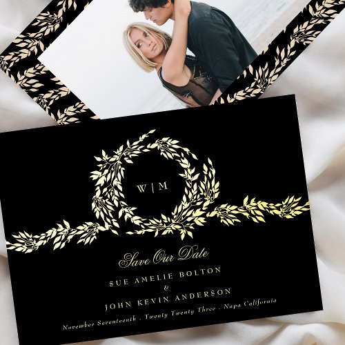 Monogram Black Crest Classic Wedding Photo Gold Foil Invitation