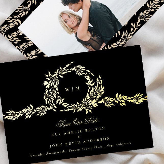 Monogram Black Crest Classic Wedding Photo Gold Foil Invitation (Creator Uploaded)