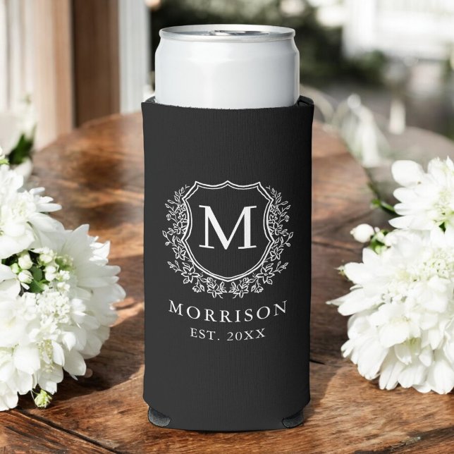 Monogram Black Crest Modern Botanical Wedding  Seltzer Can Cooler (Creator Uploaded)