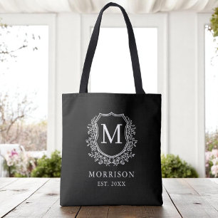 Monogram Black Crest Modern Botanical Wedding Tote Bag