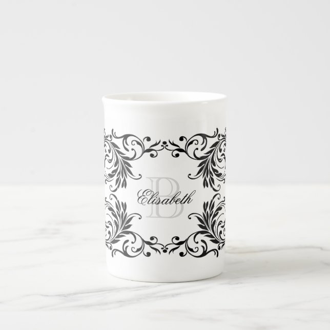 Monogram Black Damask Bone China Mug (Front)