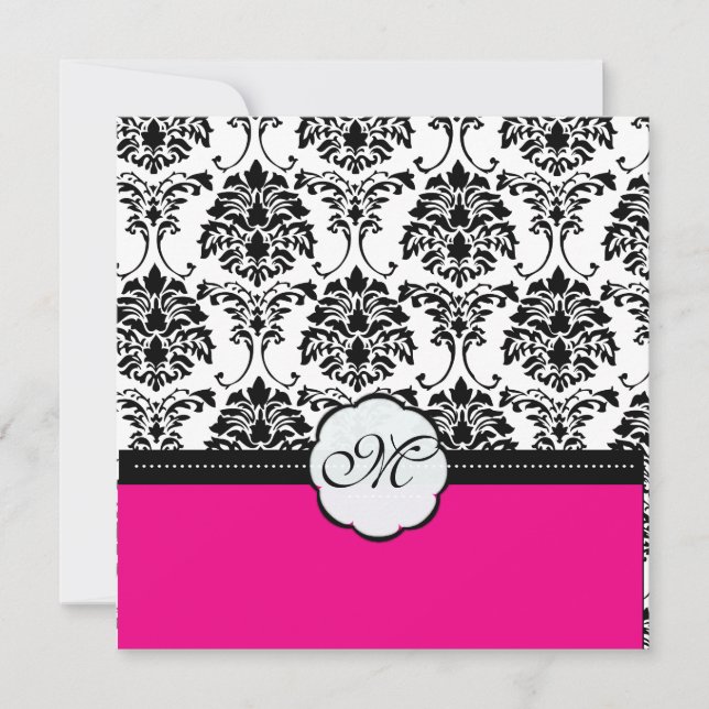Monogram/Black Damask/Hot Pink Wedding Invitations (Front)
