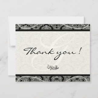 Monogram Black Damask Paisley Wedding Thank You Card