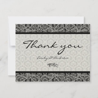 Monogram Black Damask Paisley Wedding Thank You Card