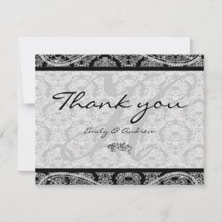 Monogram Black Damask Paisley Wedding Thank You Card