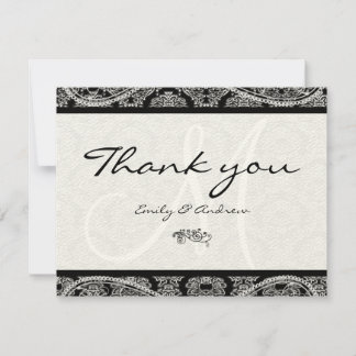 Monogram Black Damask Paisley Wedding Thank You Card
