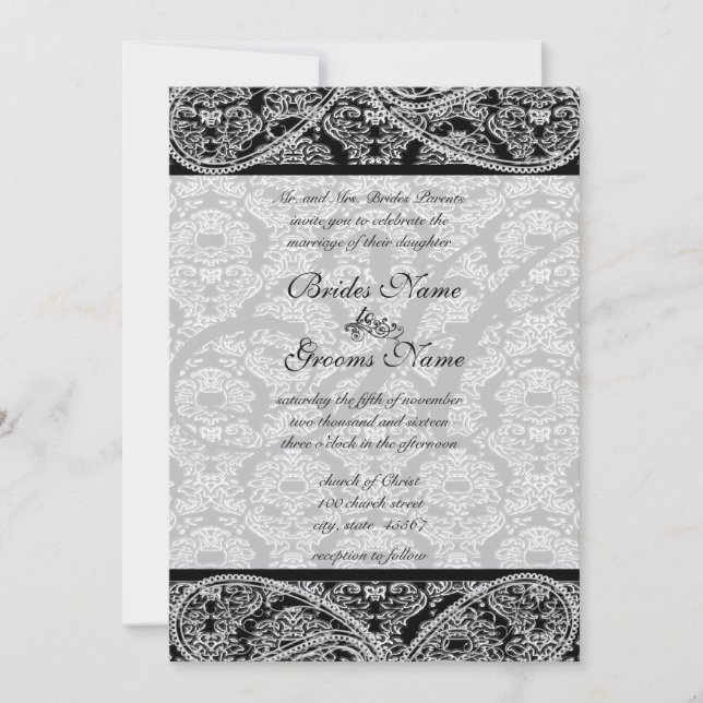 Monogram Black Damask Wedding Invitation (Front)