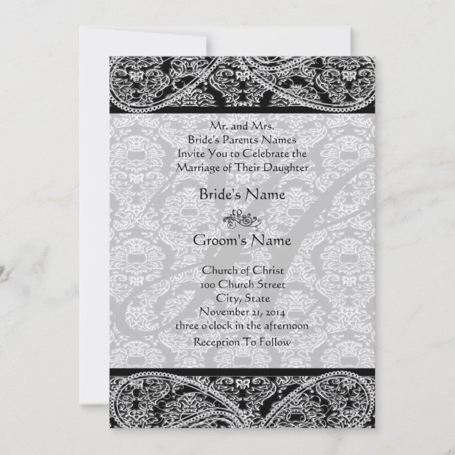 Monogram Black Damask Wedding Invitation (Front)