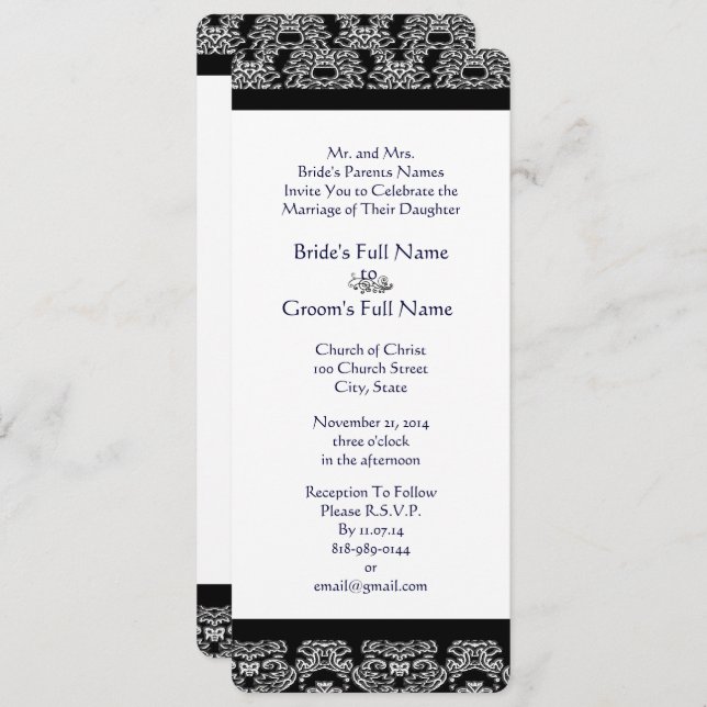 Monogram Black Damask Wedding Invitations (Front/Back)