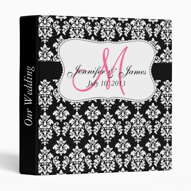 Monogram Black Damask Wedding Planner Binders (Front/Spine)