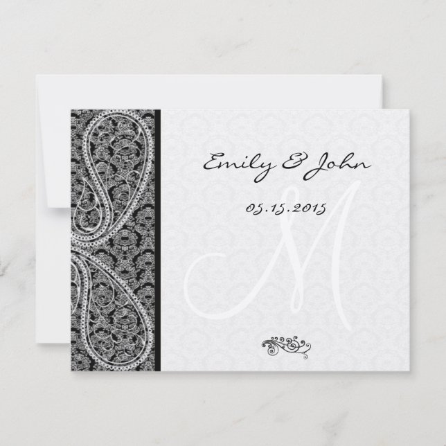 Monogram Black Damask Wedding Table Number Cards (Front)