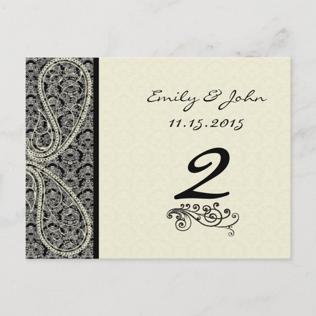 Monogram Black Damask Wedding Table Number Cards (Front)