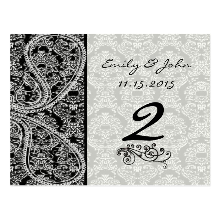 Monogram Black Damask Wedding Table Number Cards Postcard