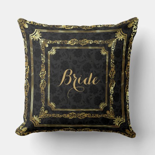 Monogram Black Damasks And Black Gold Frame Throw Pillow