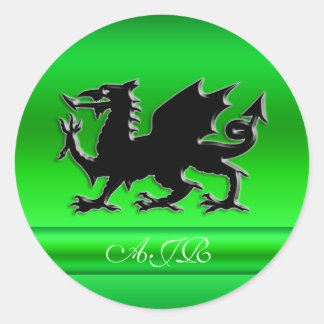 Monogram, Black Dragon on green metallic-effect Classic Round Sticker