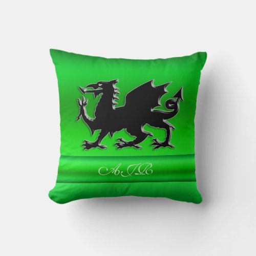 Monogram Black Dragon on green metallic_effect Throw Pillow