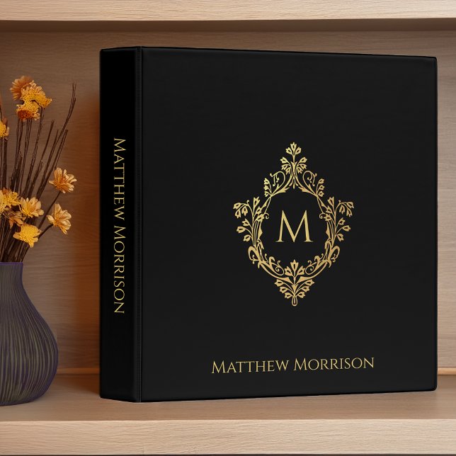 Monogram Black Elegant Faux Gold Crest Custom Name 3 Ring Binder (Creator Uploaded)
