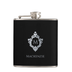 Monogram Black Elegant Vintage Crest Gray Name Flask