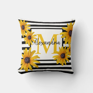 Monogram Black-Eyed Susan Yellow Black Stripe Throw Pillow