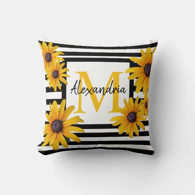 Monogram Black Eyed Susan Yellow Black Stripe Throw Pillow (Front)