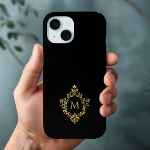 Monogram Black Faux Gold Crest Elegant Initial iPhone 15 Case