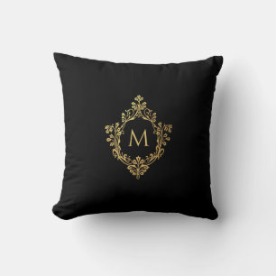 Monogram Black Faux Gold Crest Elegant Vintage Throw Pillow