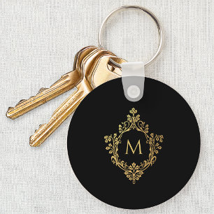 Monogram Black Faux Gold Elegant Vintage Crest Keychain