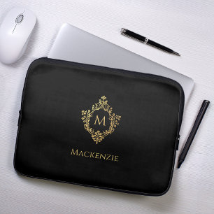 Monogram Black Faux Gold Elegant Vintage Crest Laptop Sleeve