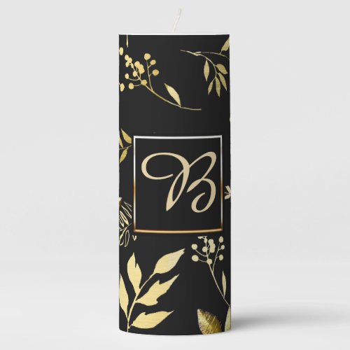 Monogram Black  Faux Gold Pattern Pillar Candle