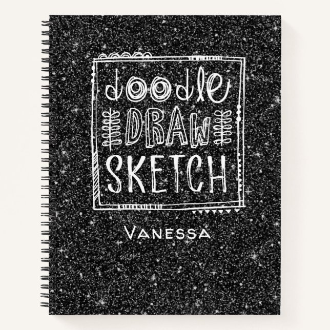 Monogram Black Glitter Artist Sketchbook Notebook (Front)