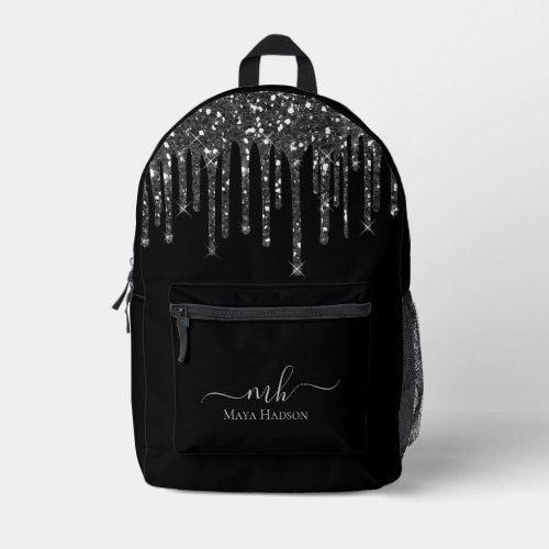 Monogram Black Glitter Drips  Printed Backpack