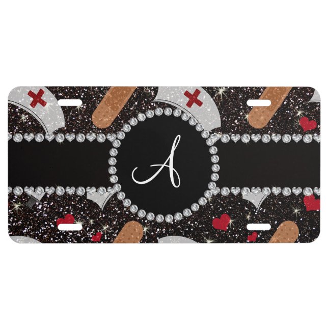 Monogram black glitter nurse hats heart license plate (Front)