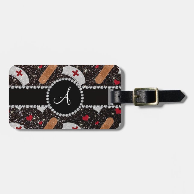 Monogram black glitter nurse hats heart luggage tag (Front Horizontal)