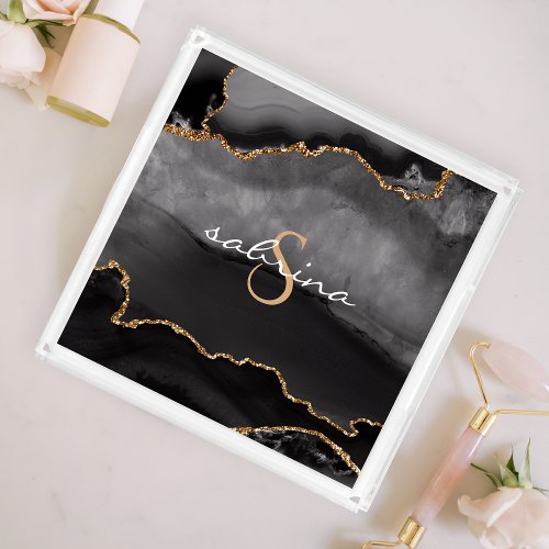 Monogram Black Gold Agate Geode Acrylic Tray