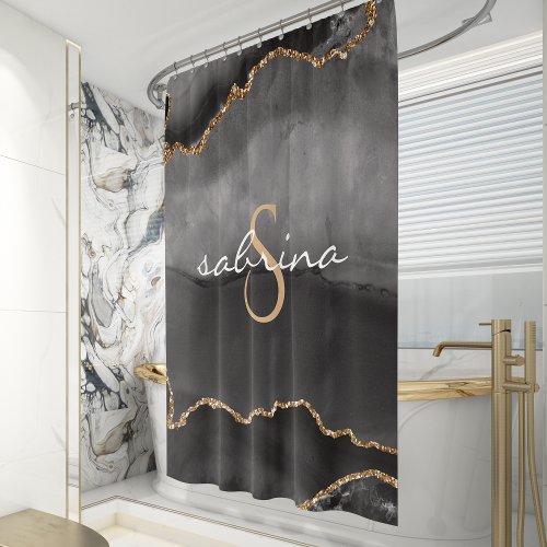 Monogram Black Gold Agate Geode Shower Curtain