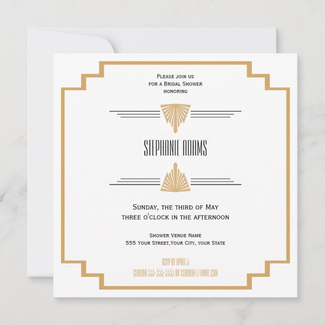 Monogram Black, Gold and White Art Deco Bridal Invitation (Front)