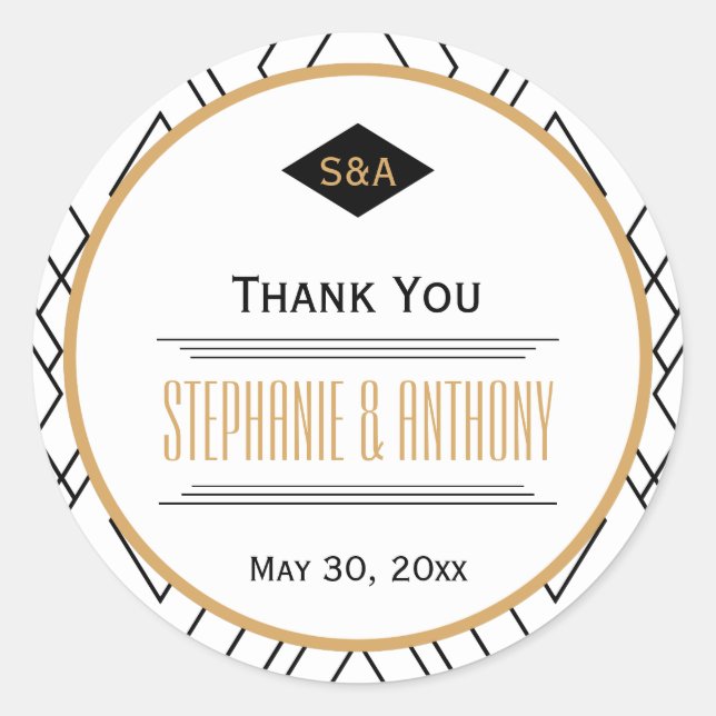 Monogram Black, Gold and White Art Deco Thank You Classic Round Sticker (Front)
