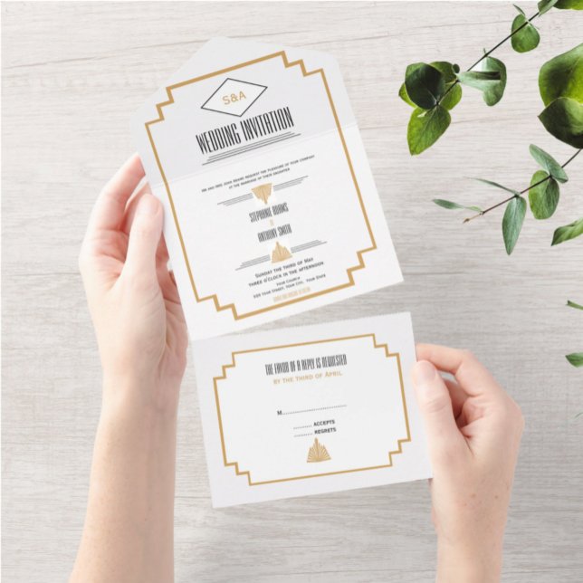 Monogram Black, Gold and White Art Deco Wedding Al All In One Invitation (Creator Uploaded)