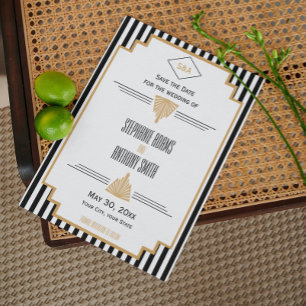 Monogram Black, Gold and White Art Deco Wedding Announcement Postcard