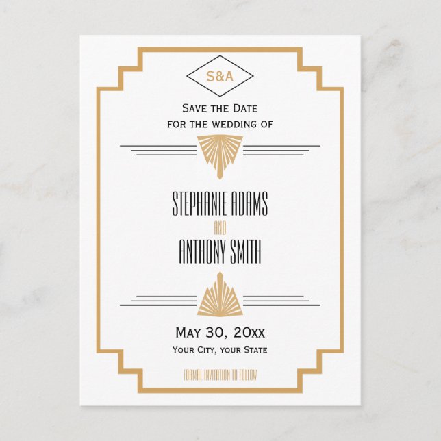 Monogram Black, Gold and White Art Deco Wedding Announcement Postcard (Front)