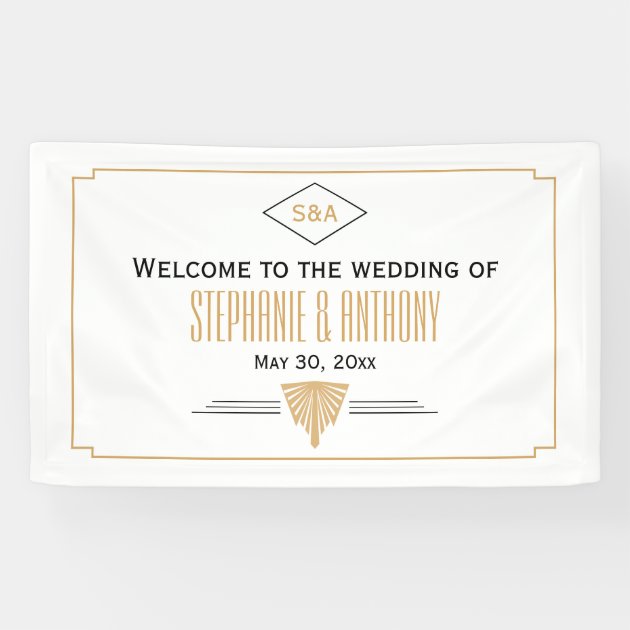 Monogram Black, Gold And White Art Deco Wedding Banner