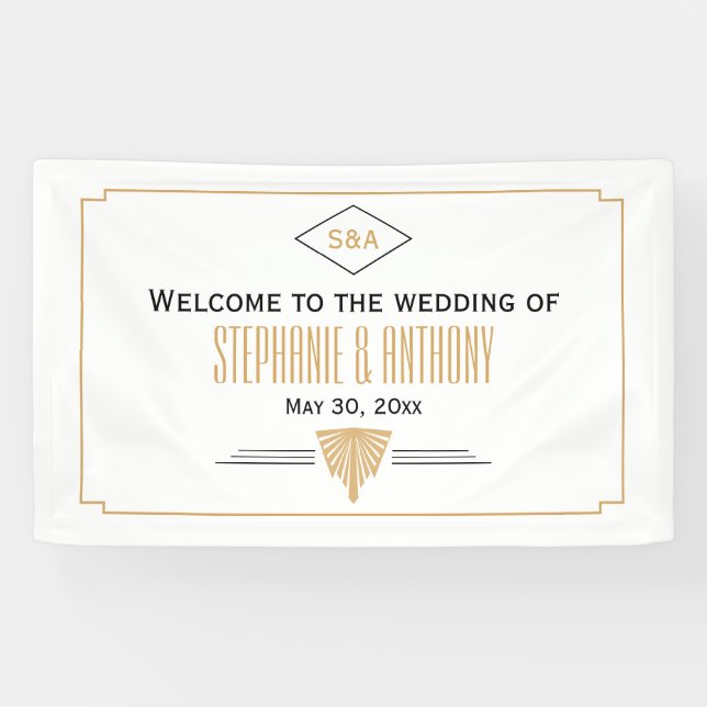 Monogram Black, Gold and White Art Deco Wedding Banner (Horizontal)