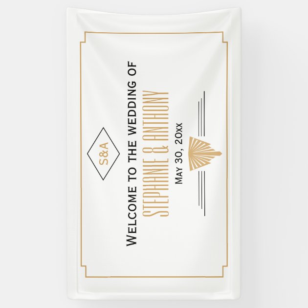 Monogram Black, Gold And White Art Deco Wedding Banner