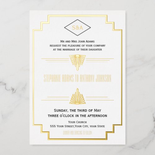 Monogram Black Gold and White Art Deco Wedding Foil Invitation