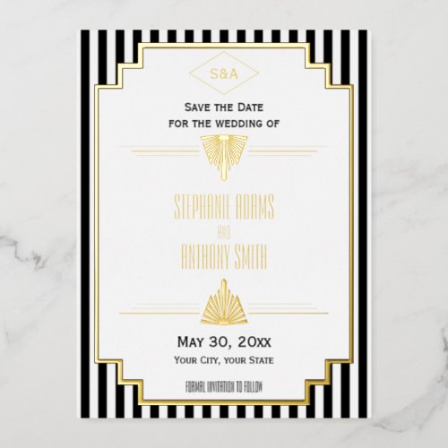 Monogram Black Gold and White Art Deco Wedding Foil Invitation Postcard