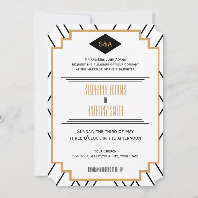 Monogram Black, Gold and White Art Deco Wedding Invitation (Front)