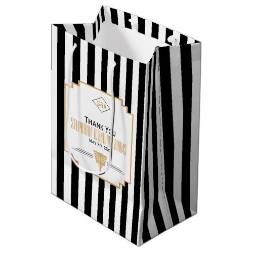 Monogram Black Gold and White Art Deco Wedding Medium Gift Bag