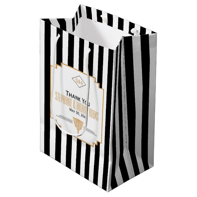 Monogram Black, Gold and White Art Deco Wedding Medium Gift Bag (Front Angled)
