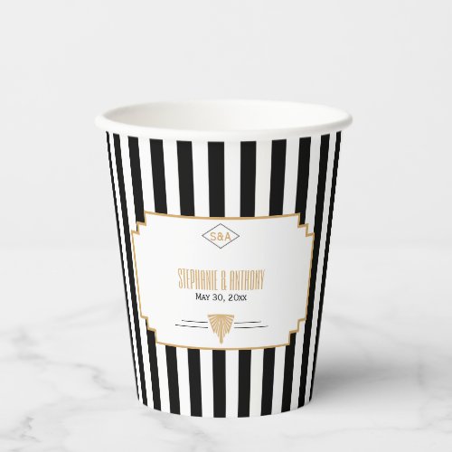 Monogram Black Gold and White Art Deco Wedding Paper Cups