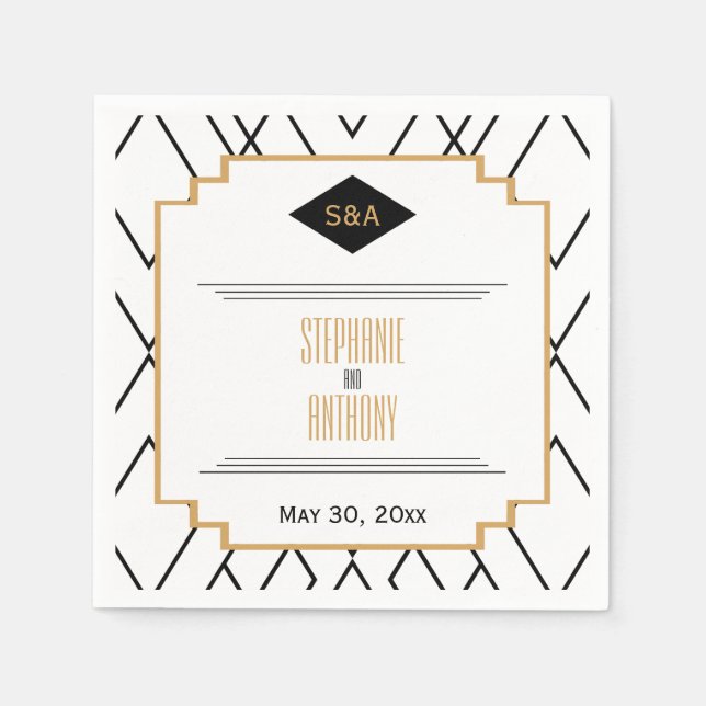 Monogram Black, Gold and White Art Deco Wedding Paper Napkins (Front)